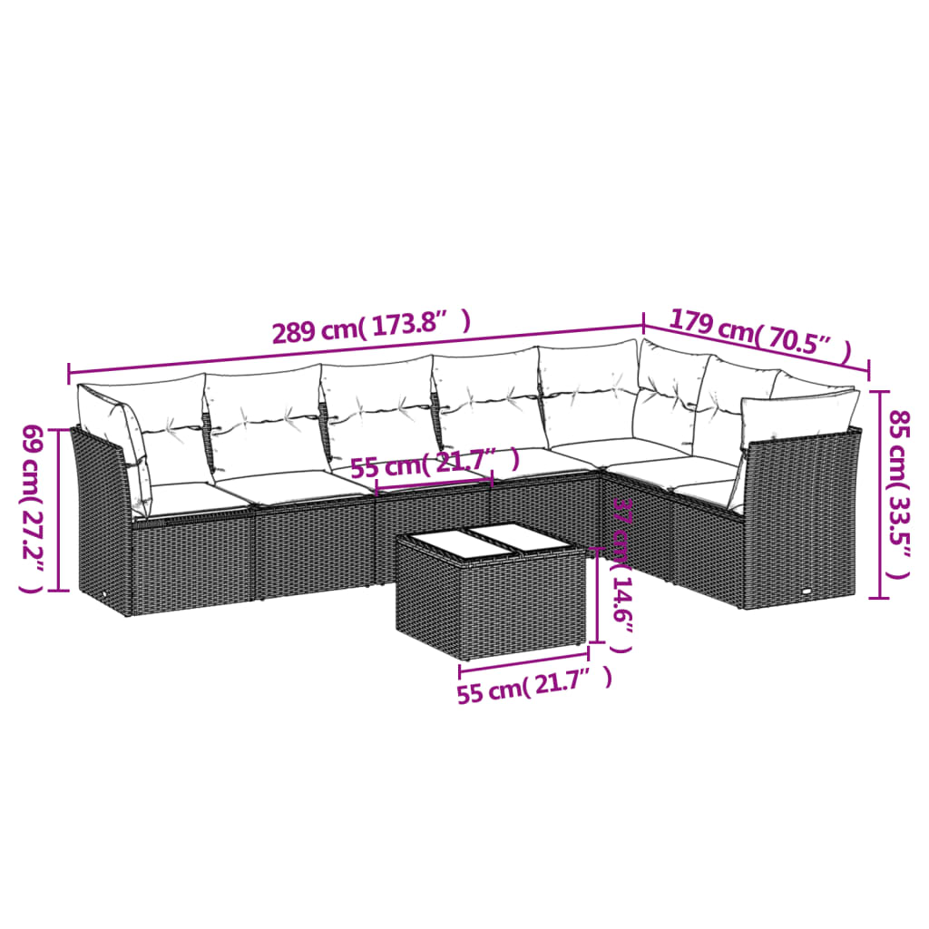 8-tlg. Garten-Sofagarnitur mit Kissen Braun Poly Rattan