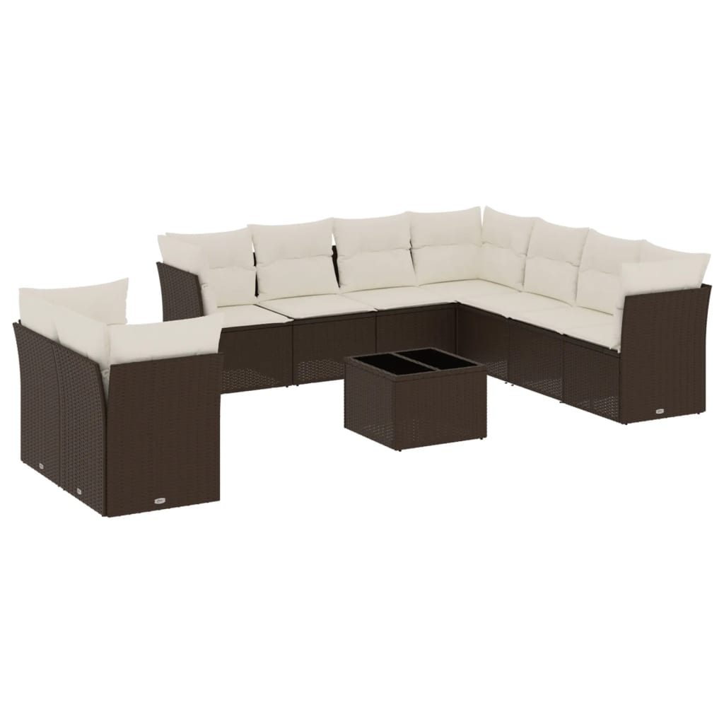 10-tlg. Garten-Sofagarnitur mit Kissen Braun Poly Rattan
