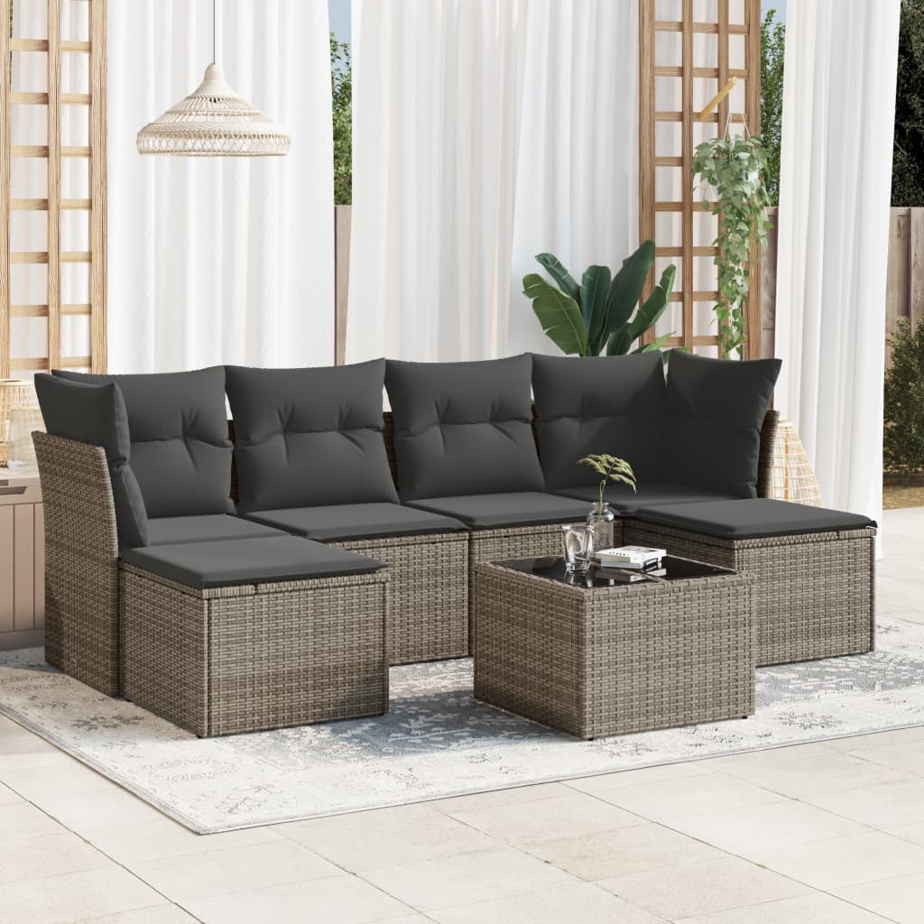 7-tlg. Garten-Sofagarnitur mit Kissen Grau Poly Rattan