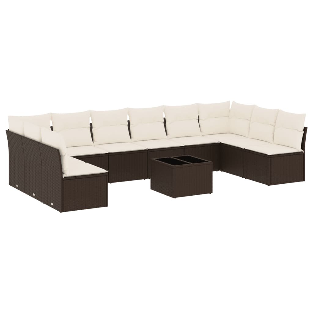 11-tlg. Garten-Sofagarnitur mit Kissen Braun Poly Rattan