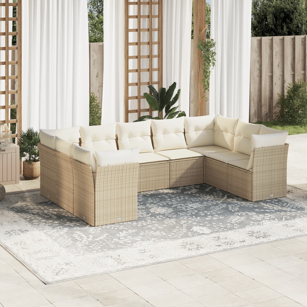 9-tlg. Garten-Sofagarnitur mit Kissen Beige Poly Rattan