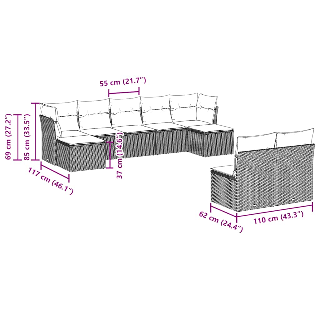 9-tlg. Garten-Sofagarnitur mit Kissen Schwarz Poly Rattan