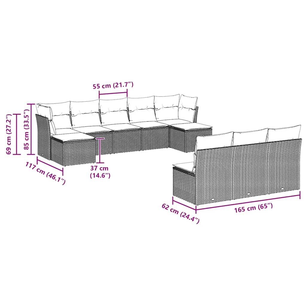10-tlg. Garten-Sofagarnitur mit Kissen Hellgrau Poly Rattan