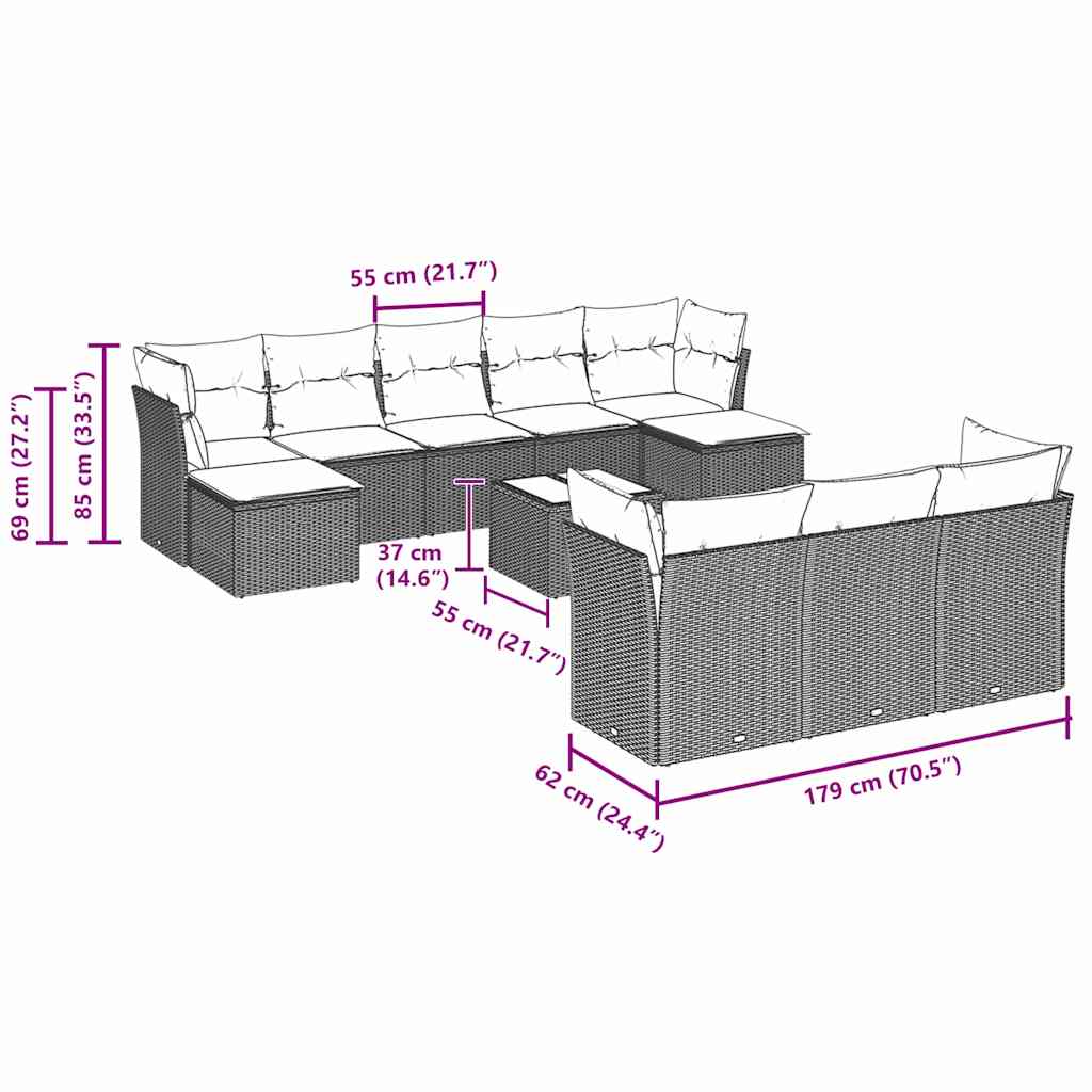 11-tlg. Garten-Sofagarnitur mit Kissen Hellgrau Poly Rattan