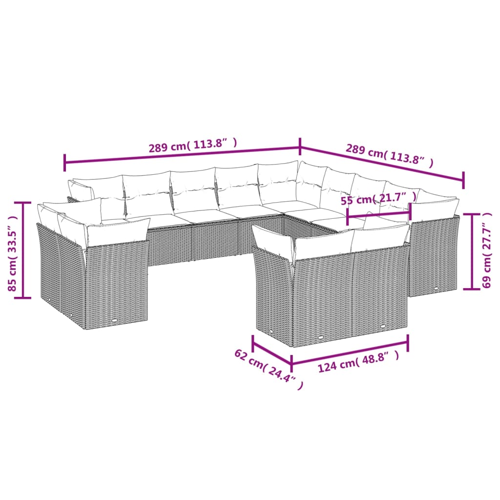 13-tlg. Garten-Sofagarnitur mit Kissen Braun Poly Rattan