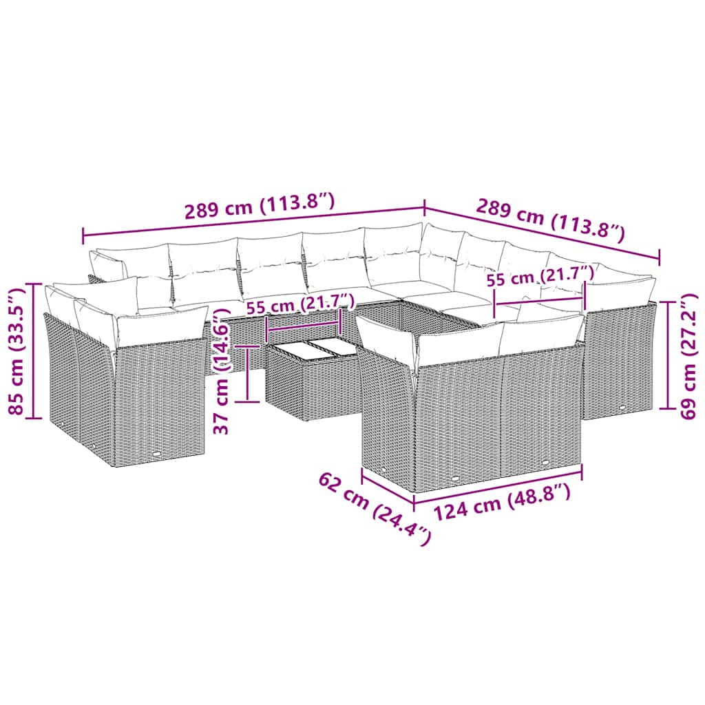 14-tlg. Garten-Sofagarnitur mit Kissen Hellgrau Poly Rattan