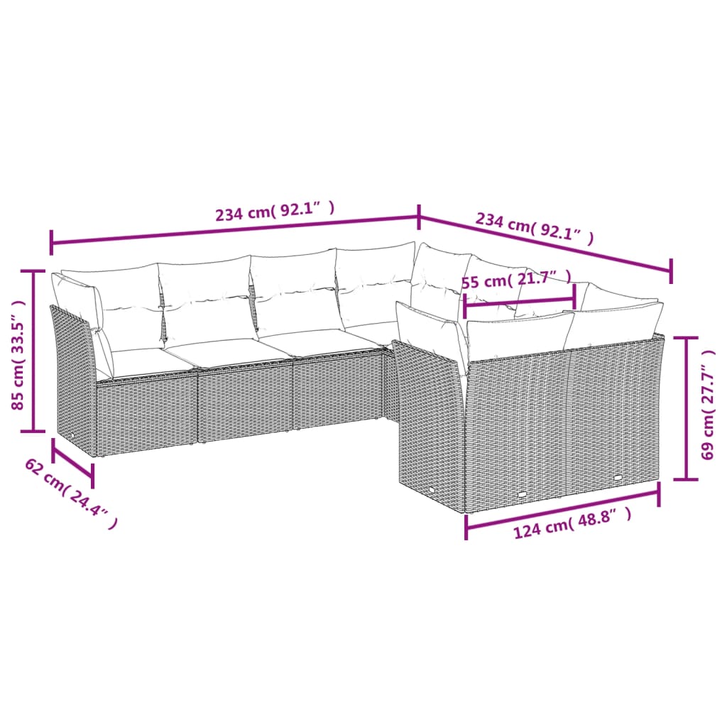 8-tlg. Garten-Sofagarnitur mit Kissen Schwarz Poly Rattan