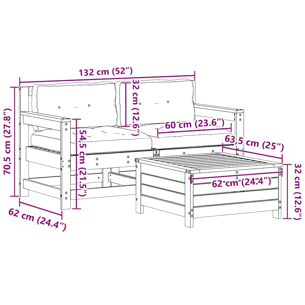 3-tlg. Garten-Lounge-Set mit Kissen Weiß Massivholz Kiefer