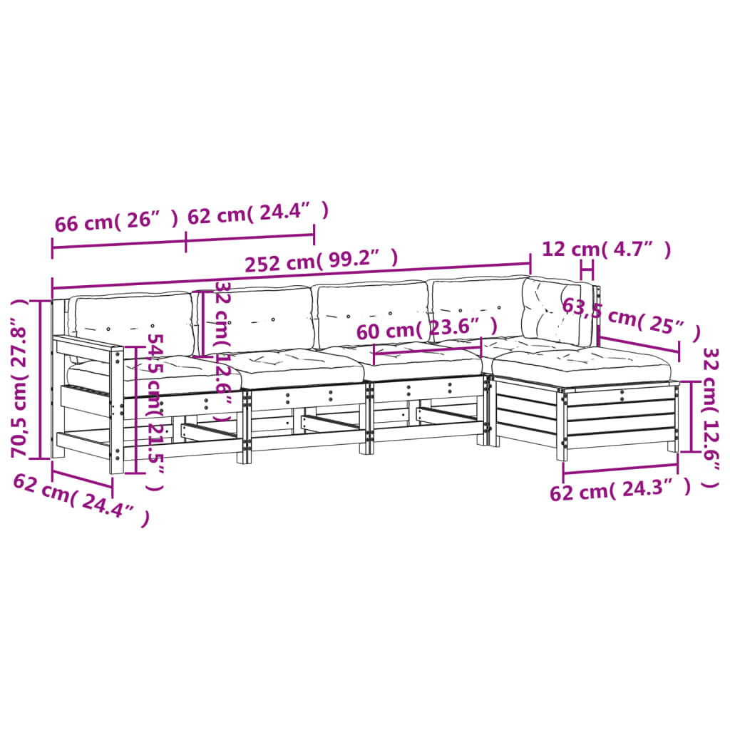 5-tlg. Garten-Lounge-Set mit Kissen Massivholz Kiefer