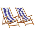 Strandstühle 2 Stk. Klappbar Blau Weiß Stoff und Massivholz