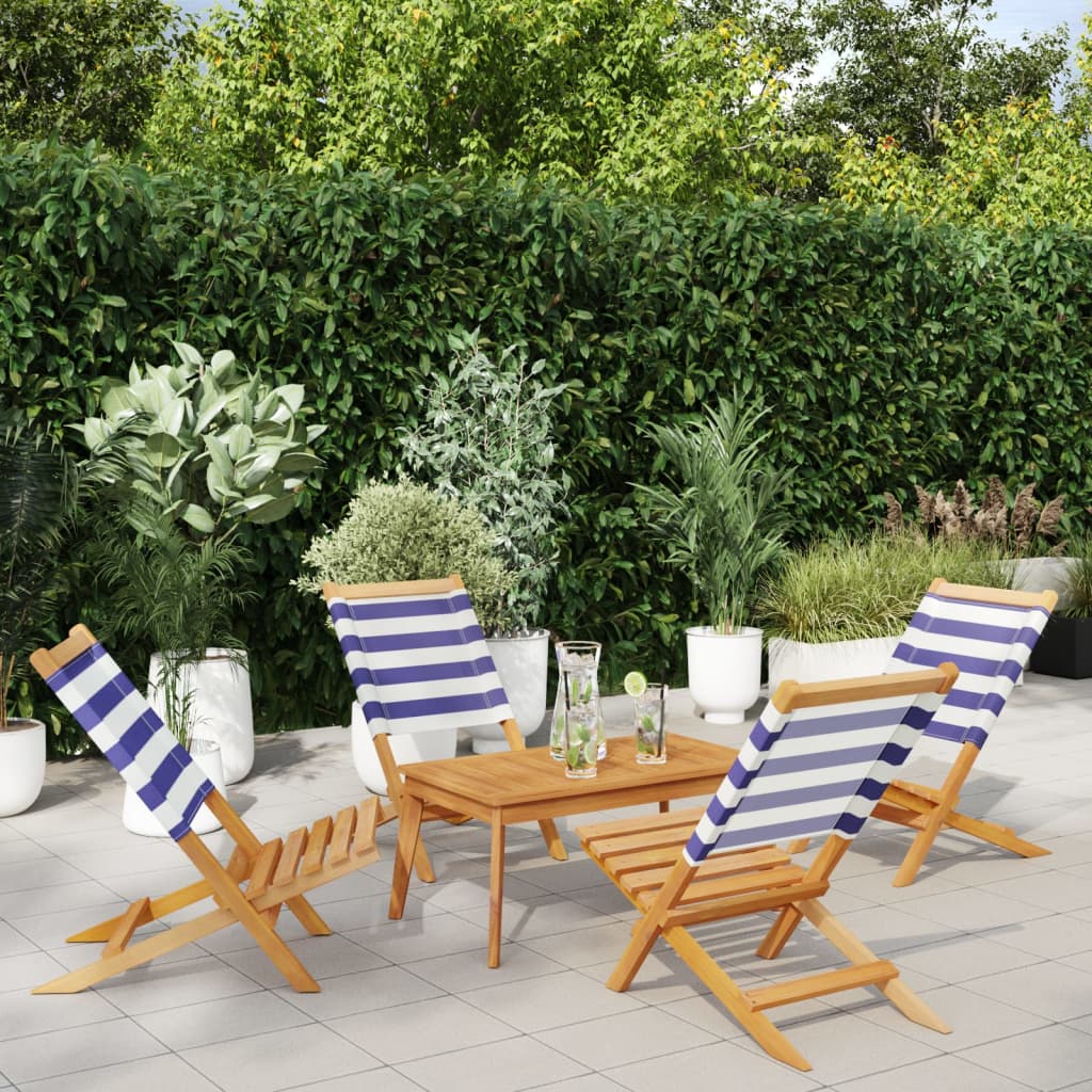 Gartenstühle 4 Stk. Klappbar Blau und Weiß Stoff und Massivholz