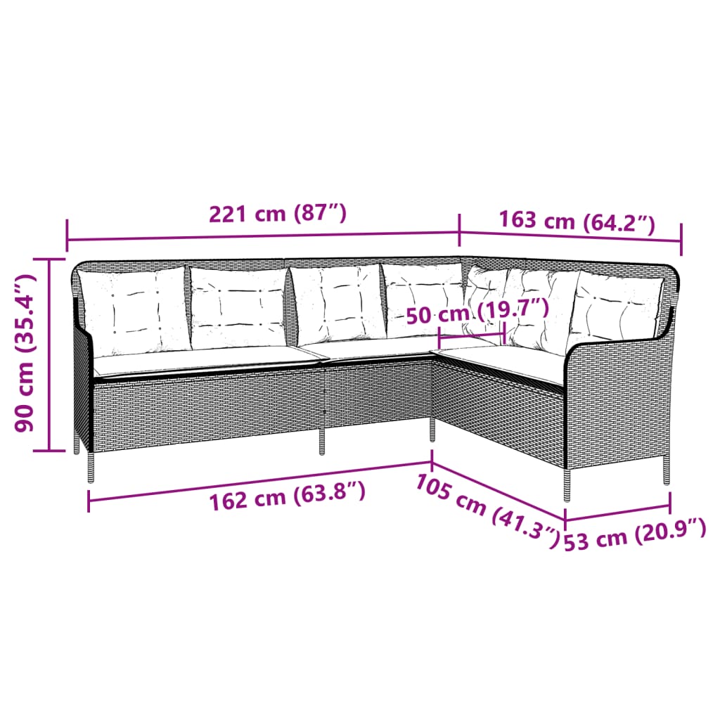 Gartensofa mit Kissen L-förmig Schwarz Polyrattan