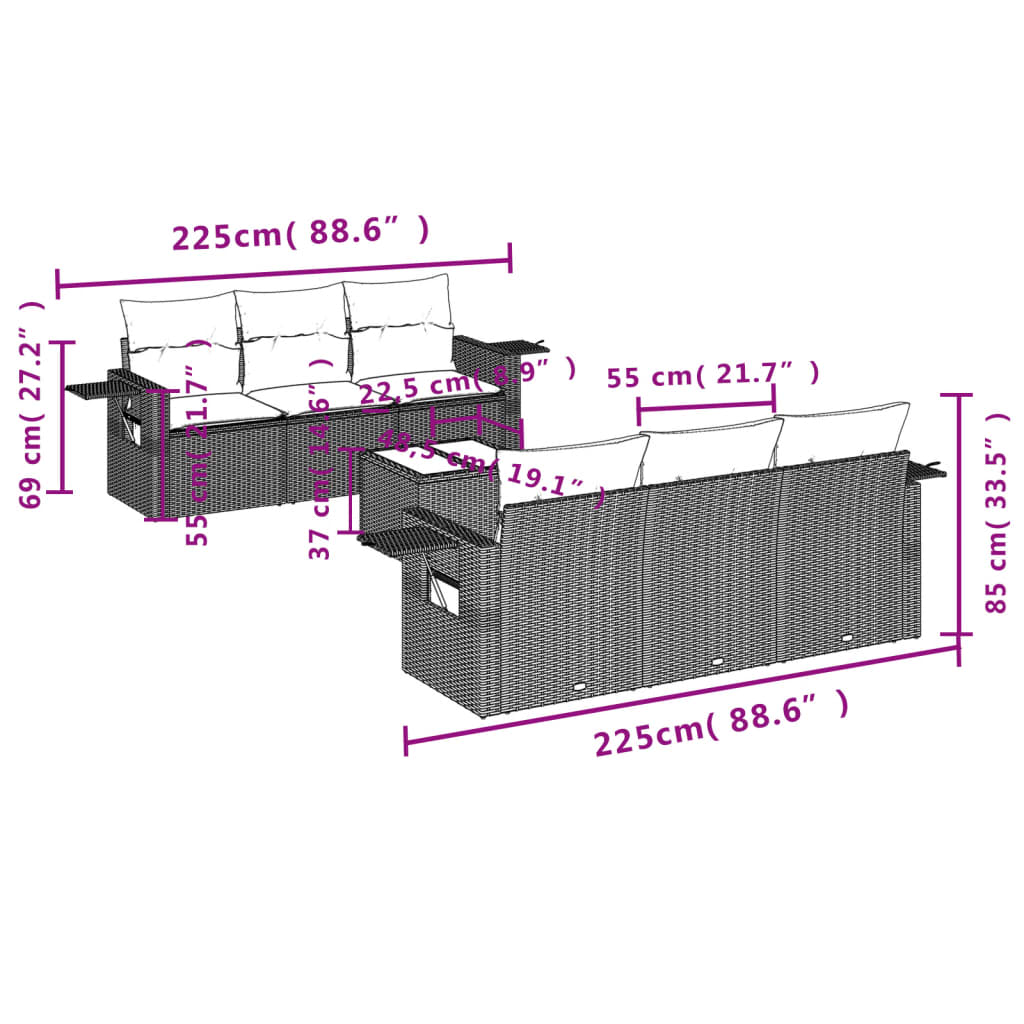 7-tlg. Garten-Sofagarnitur mit Kissen Braun Poly Rattan