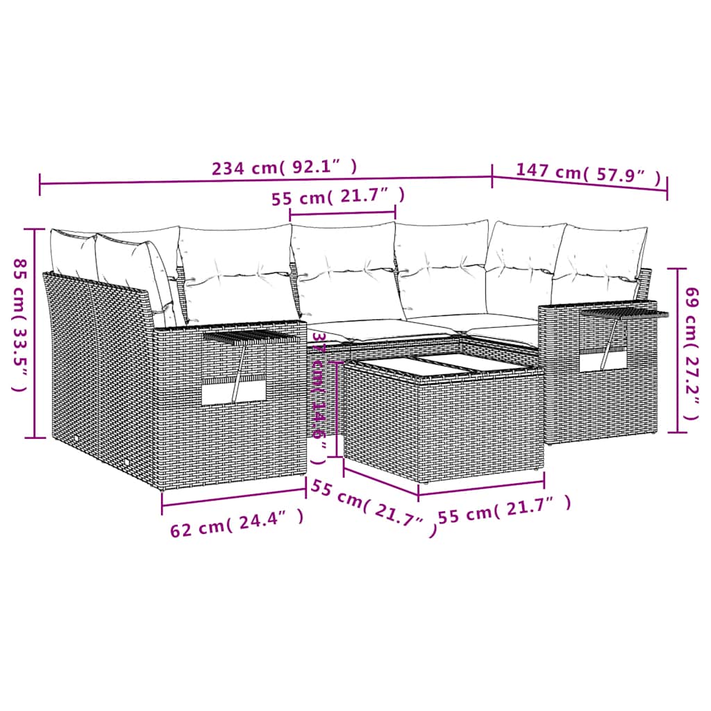 7-teiliges Gartensofa-Set mit Kissen, braun, Polyrattan