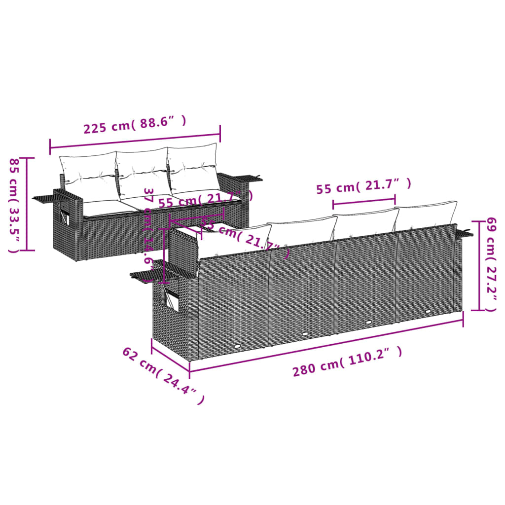 8-tlg. Garten-Sofagarnitur mit Kissen Braun Poly Rattan