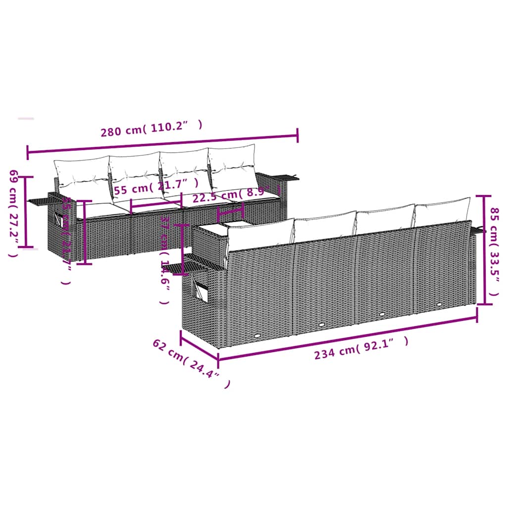 9-teiliges Gartensofa-Set mit Kissen, grau, Polyrattan