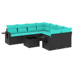 9-teiliges Gartensofa-Set mit Kissen, schwarzes Polyrattan