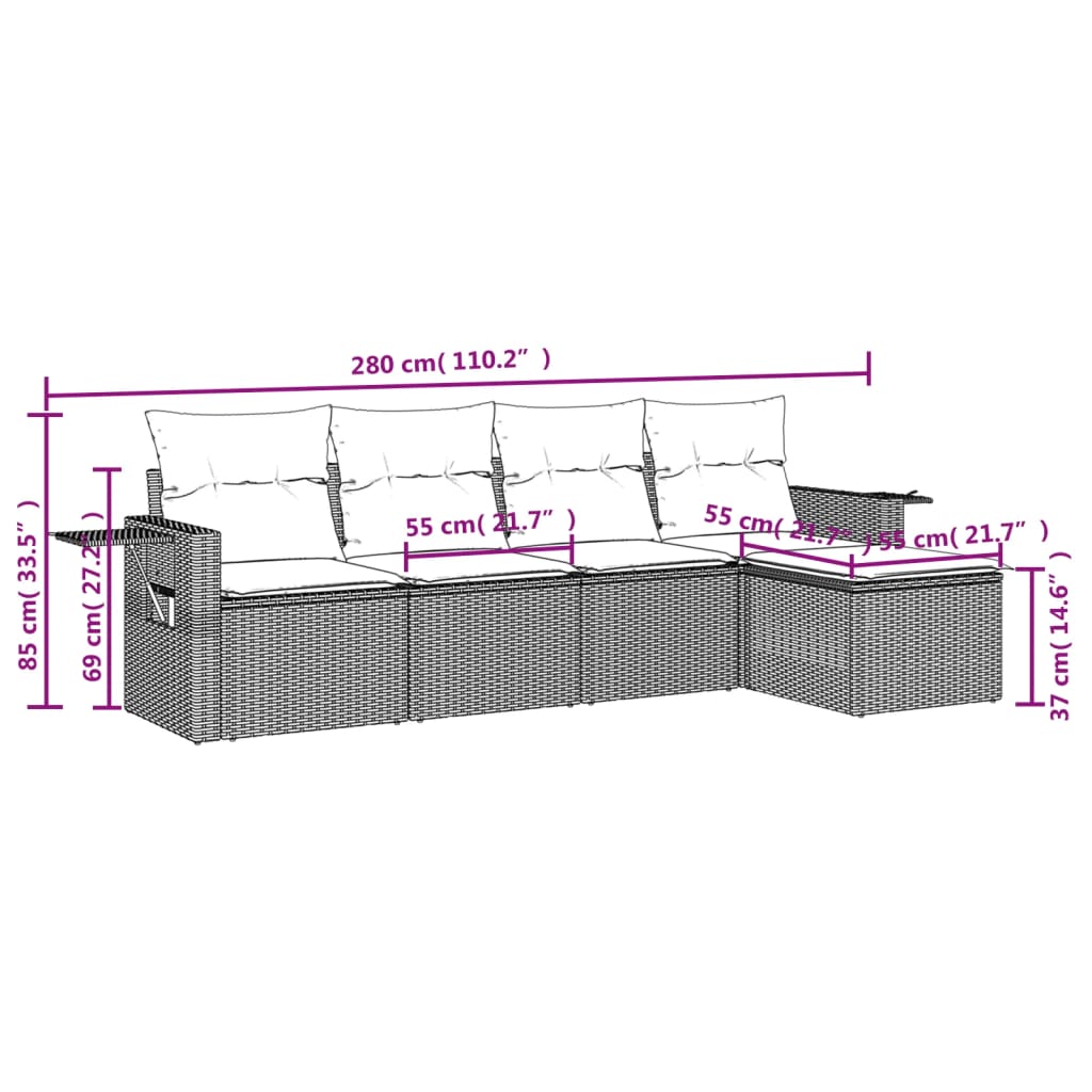 5-teiliges Gartensofa-Set mit Kissen, schwarzes Polyrattan