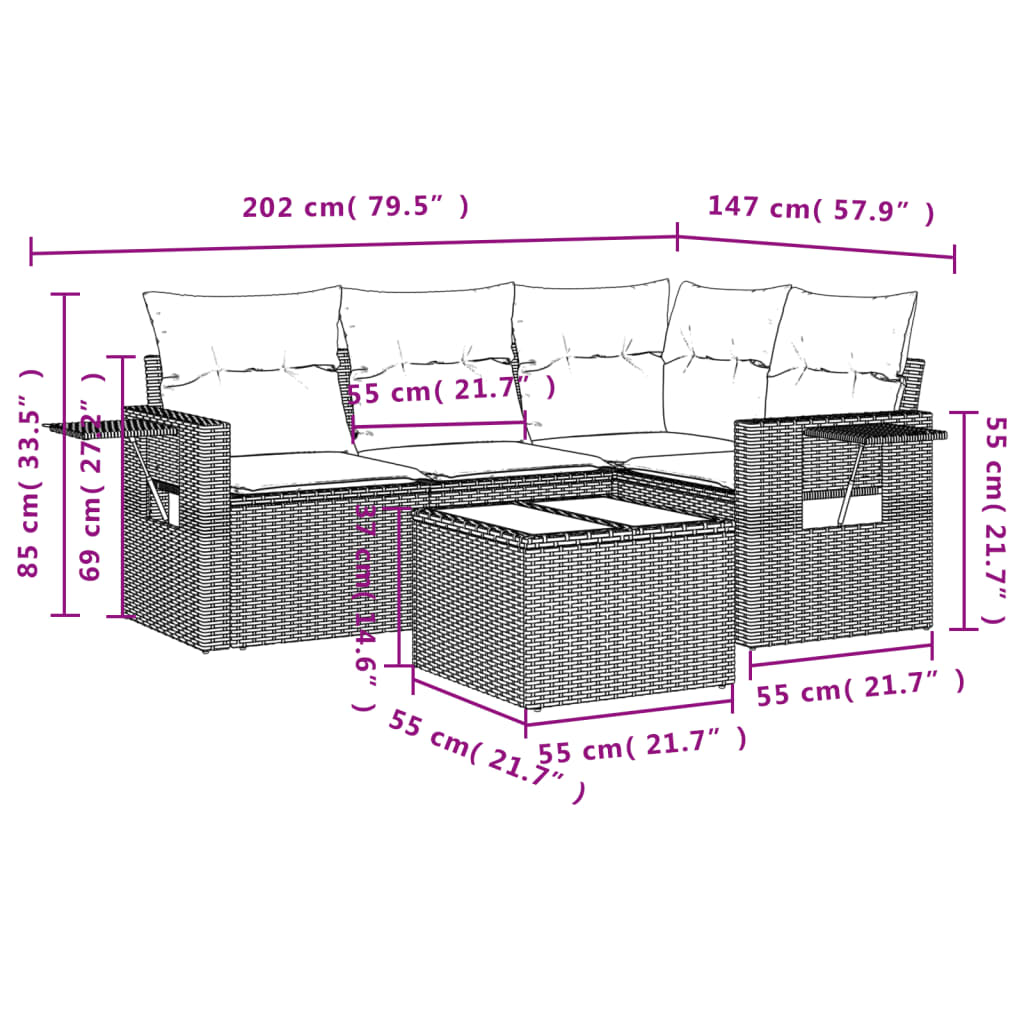 5-teiliges Gartensofa-Set mit Kissen, braun, Polyrattan