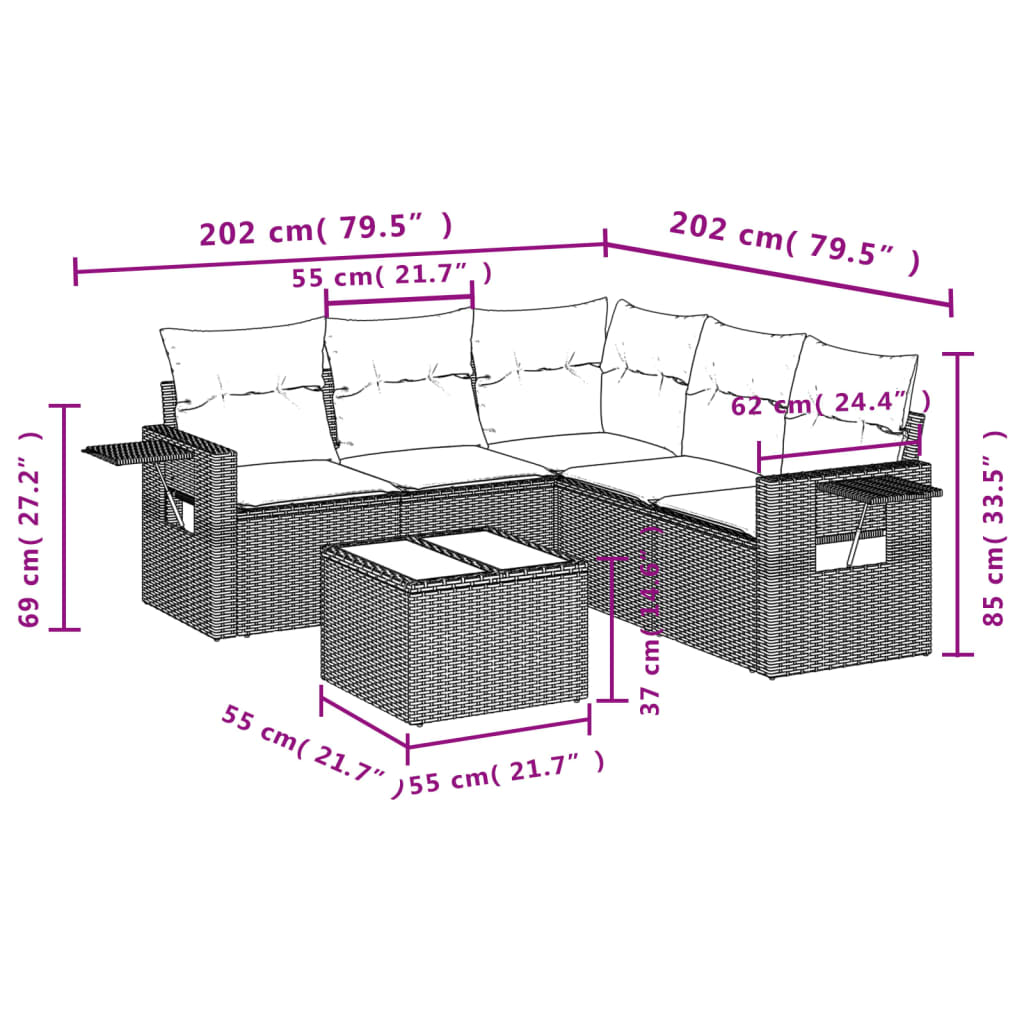 6-tlg. Garten-Sofagarnitur mit Kissen Braun Poly Rattan