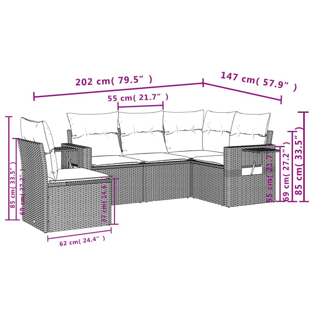 5-teiliges Gartensofa-Set mit Kissen, braun, Polyrattan