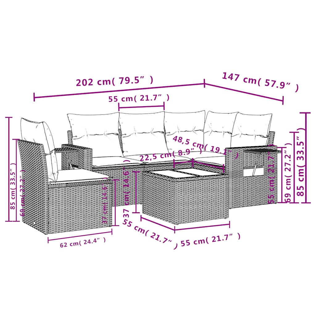 6-tlg. Garten-Sofagarnitur mit Kissen Schwarz Poly Rattan