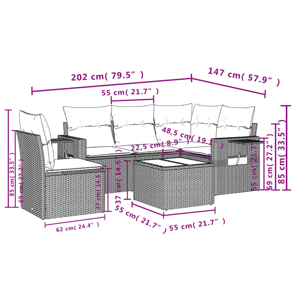 6-teiliges Gartensofa-Set mit Kissen, schwarzes Polyrattan