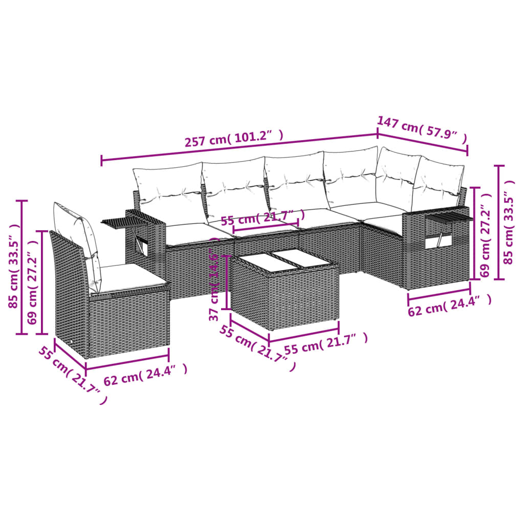 7-teiliges Gartensofa-Set mit Kissen, schwarzes Polyrattan