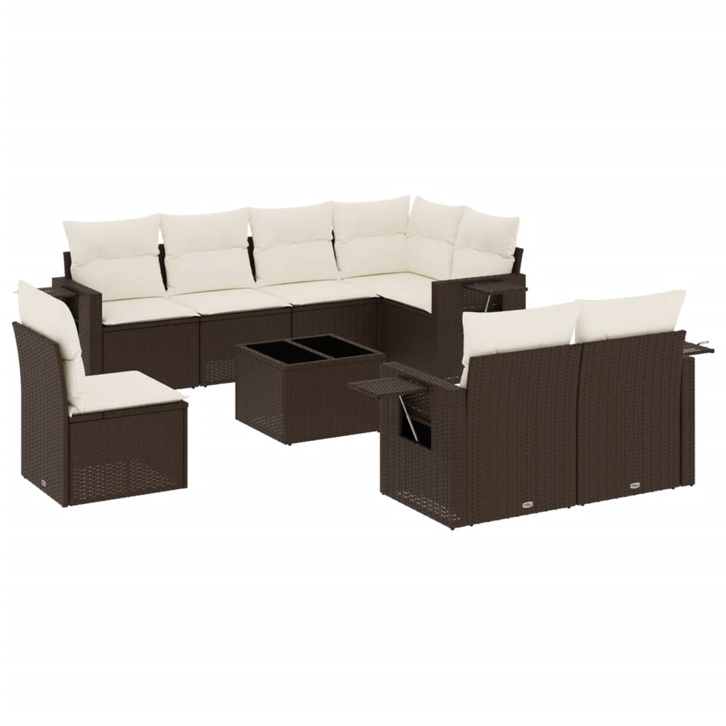 9-tlg. Garten-Sofagarnitur mit Kissen Braun Poly Rattan