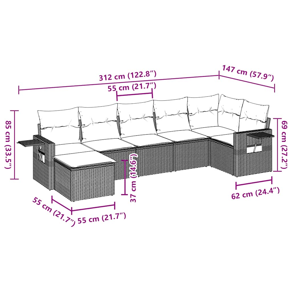 7-tlg. Garten-Sofagarnitur mit Kissen Braun Poly Rattan