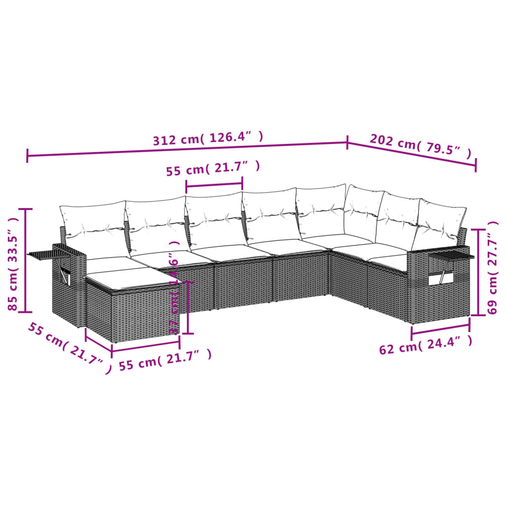 8-teiliges Gartensofa-Set mit Kissen, braun, Polyrattan