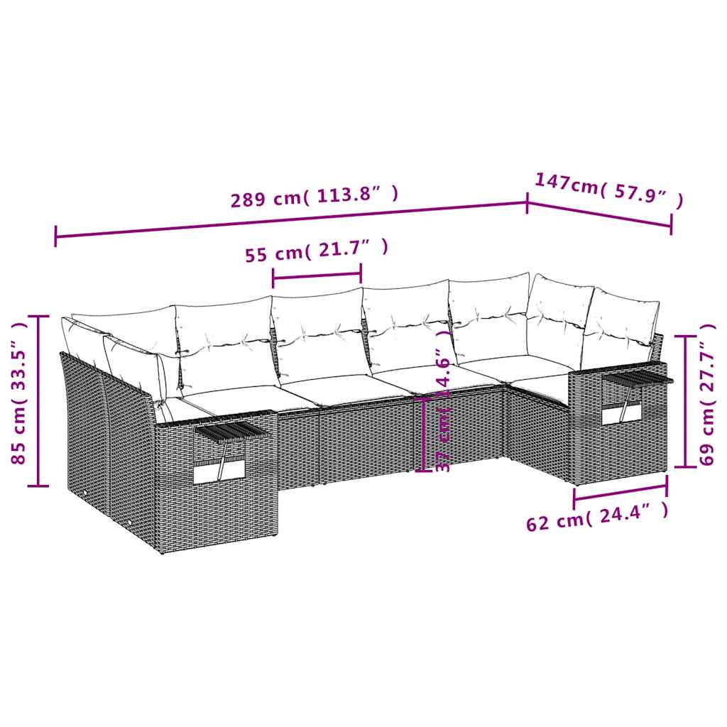 7-teiliges Gartensofa-Set mit Kissen, grau, Polyrattan