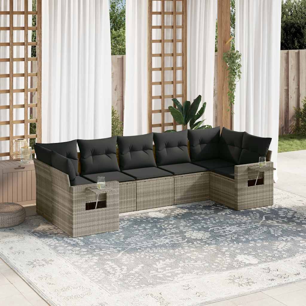 7-tlg. Garten-Sofagarnitur mit Kissen Hellgrau Poly Rattan