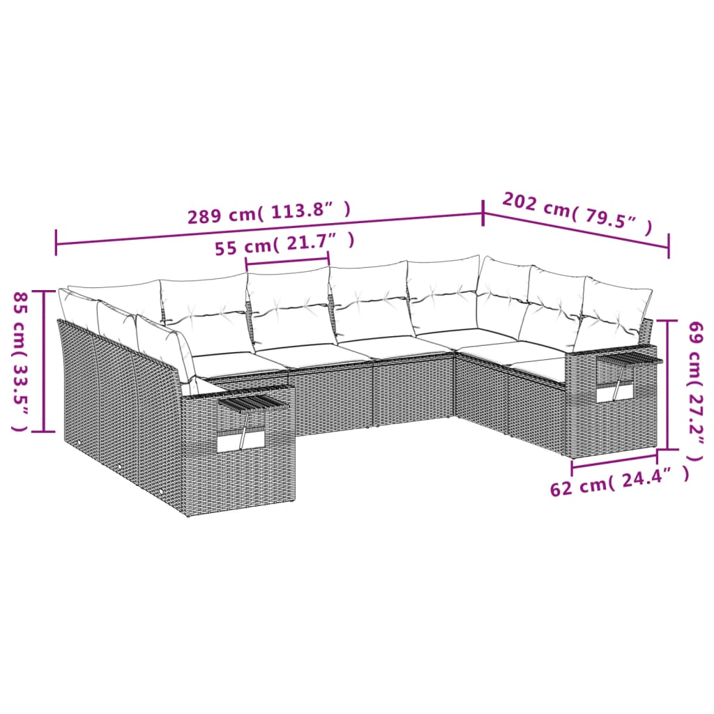 9-teiliges Gartensofa-Set mit Kissen, grau, Polyrattan