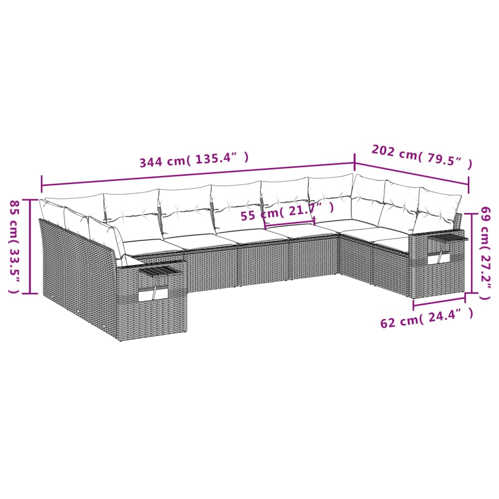 10-teiliges Gartensofa-Set mit Kissen, braun, Polyrattan