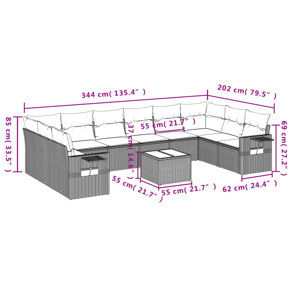 11-teiliges Gartensofa-Set mit Kissen, schwarzes Polyrattan