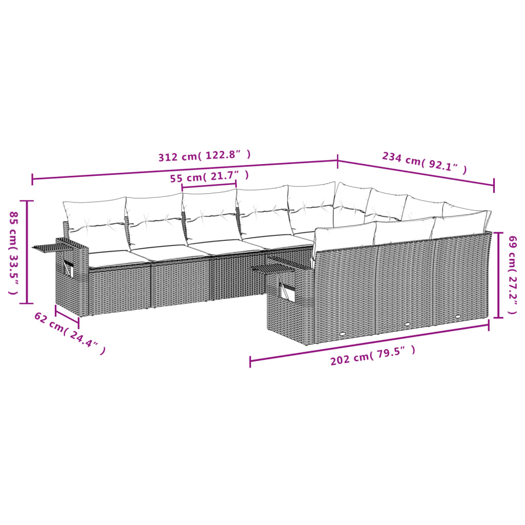 10-teiliges Gartensofa-Set mit Kissen, braun, Polyrattan