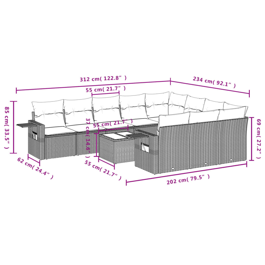 11-teiliges Gartensofa-Set mit Kissen, grau, Polyrattan