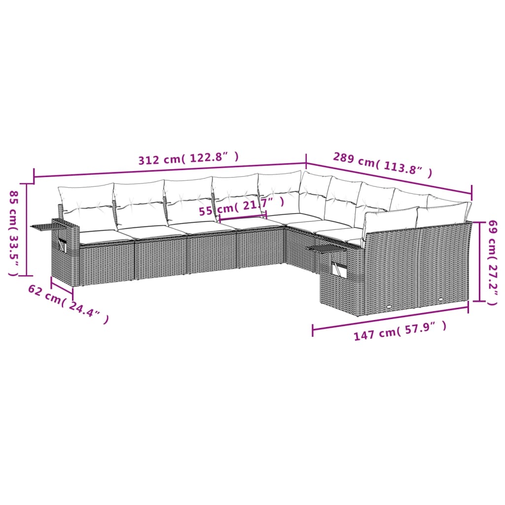 10-teiliges Gartensofa-Set mit Kissen, braun, Polyrattan