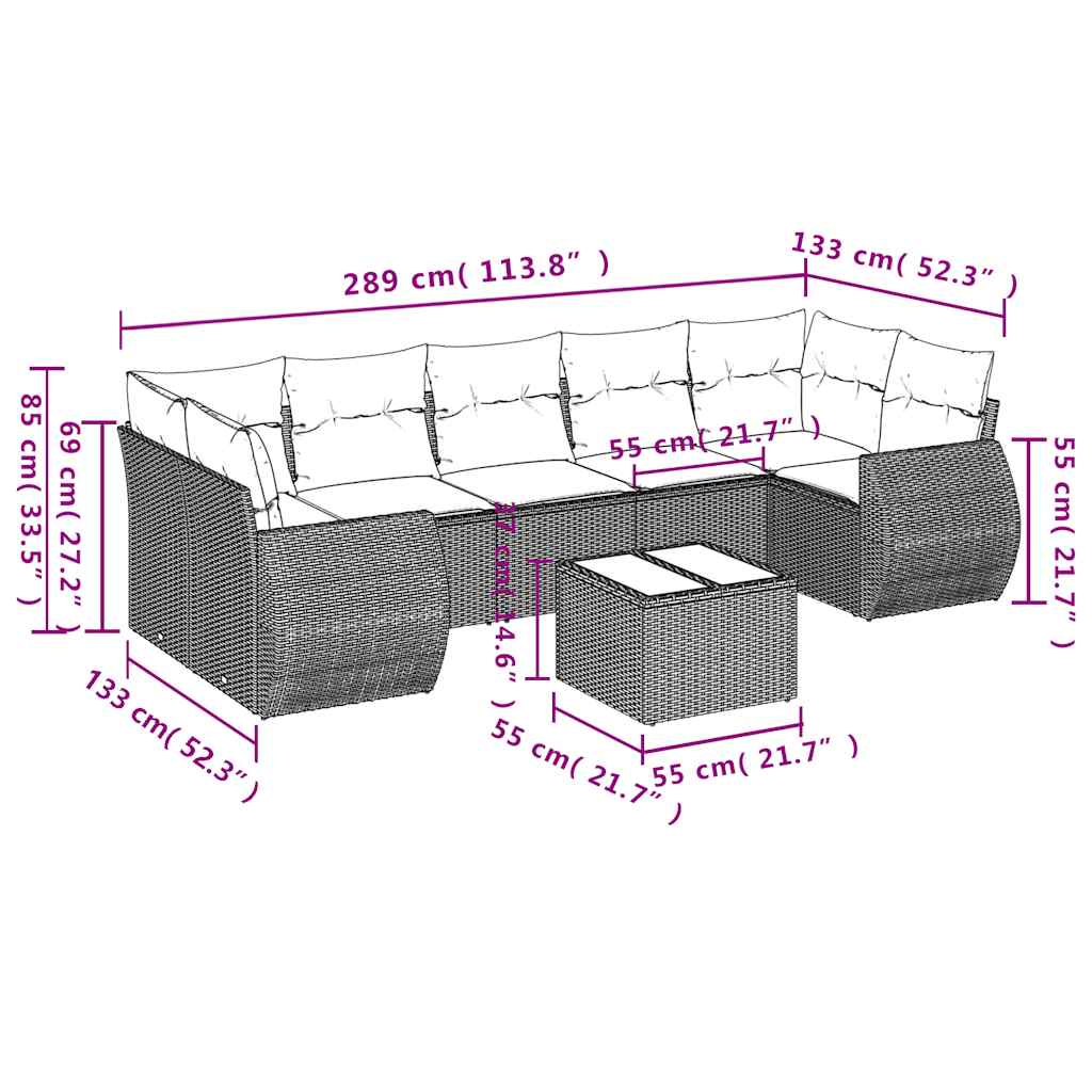 8-teiliges Gartensofa-Set mit Kissen, grau, Polyrattan
