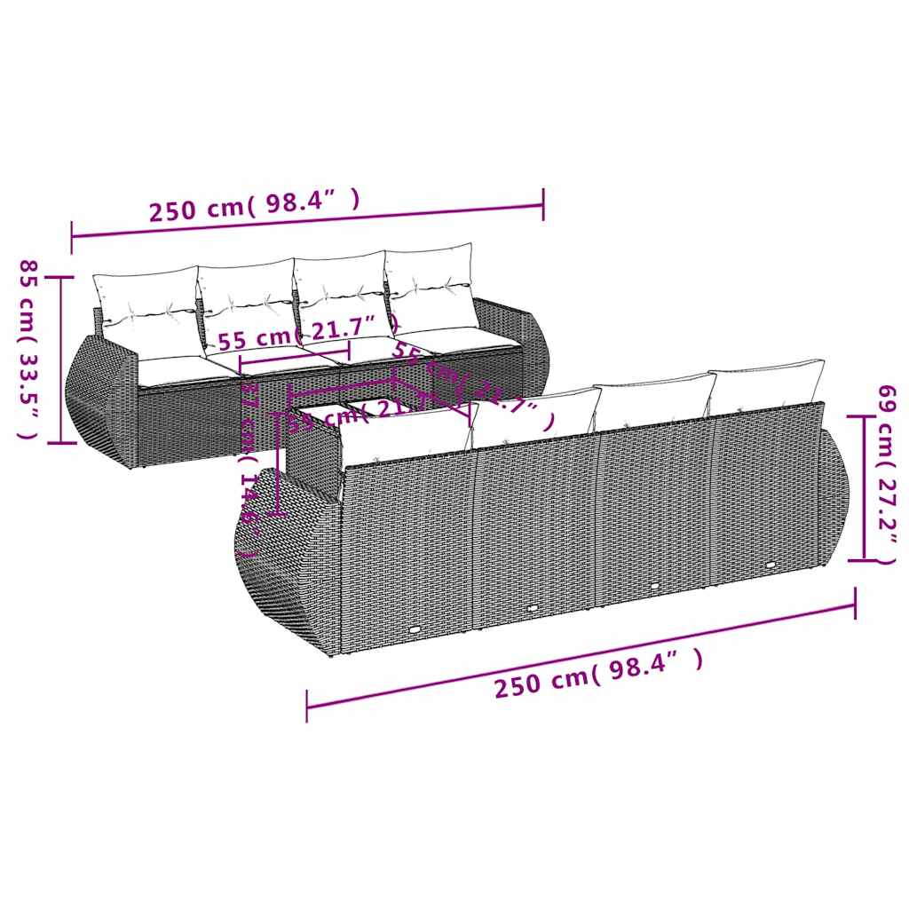 9-tlg. Garten-Sofagarnitur mit Kissen Schwarz Poly Rattan
