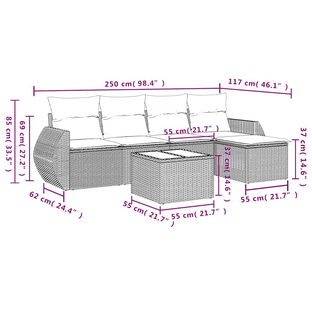 6-teiliges Gartensofa-Set mit Kissen, schwarzes Polyrattan