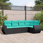 5-teiliges Gartensofa-Set mit Kissen, schwarzes Polyrattan