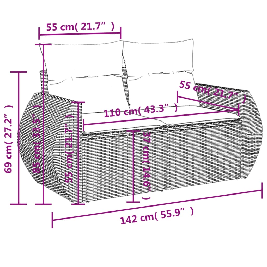 5-teiliges Gartensofa-Set mit Kissen, grau, Polyrattan