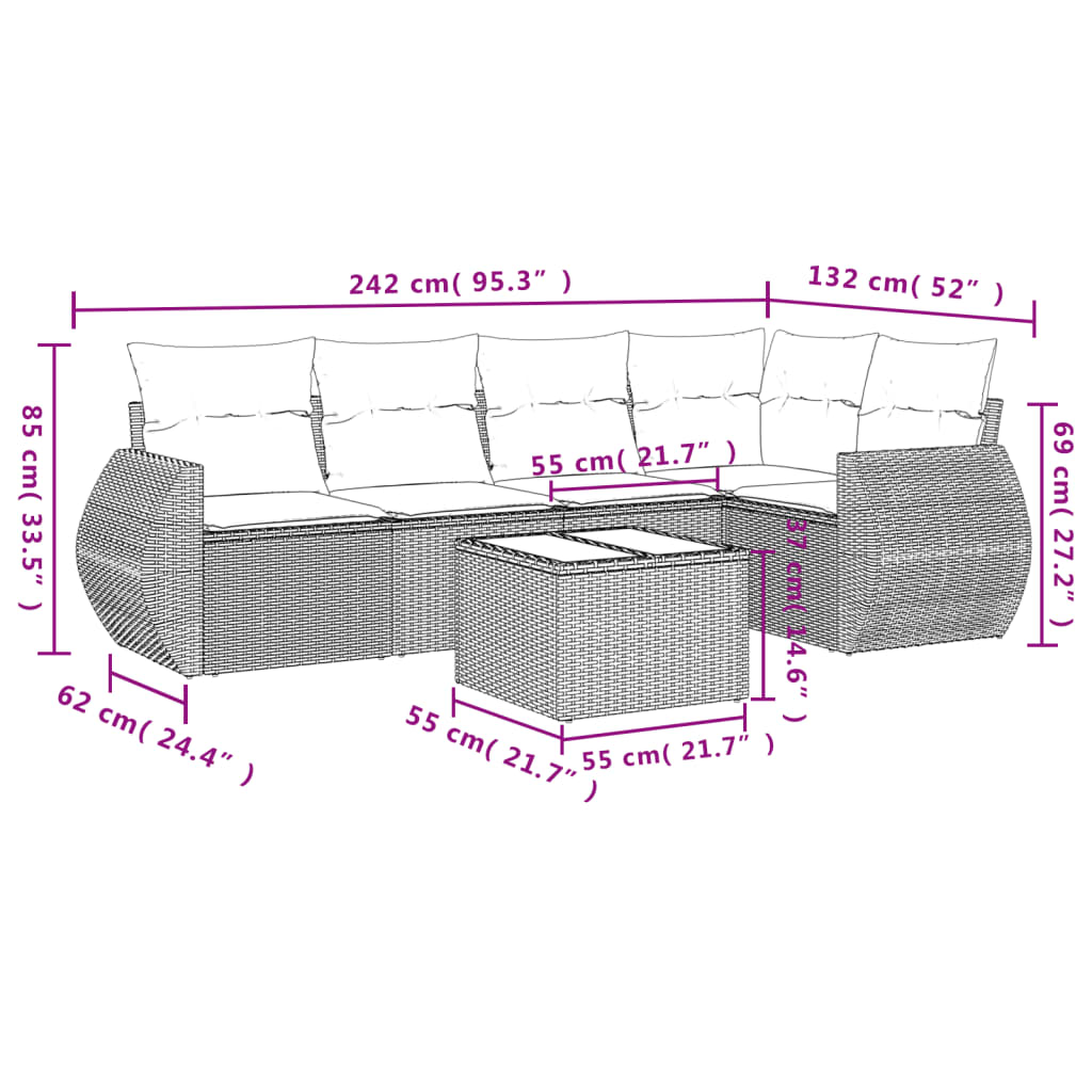 6-tlg. Garten-Sofagarnitur mit Kissen Braun Poly Rattan