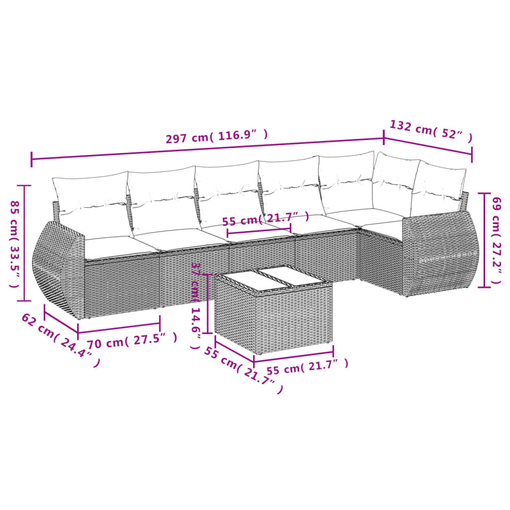 7-tlg. Garten-Sofagarnitur mit Kissen Schwarz Poly Rattan