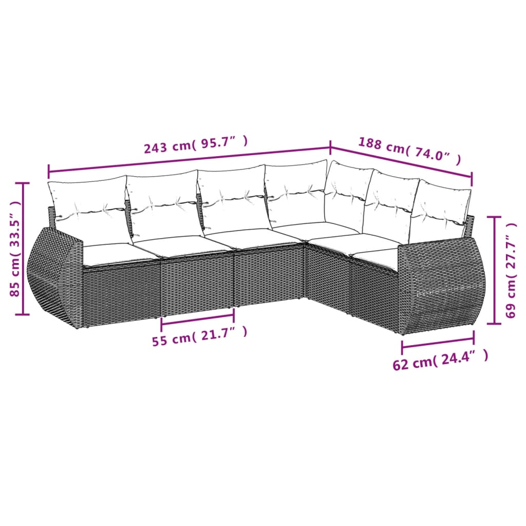 6-tlg. Garten-Sofagarnitur mit Kissen Braun Poly Rattan