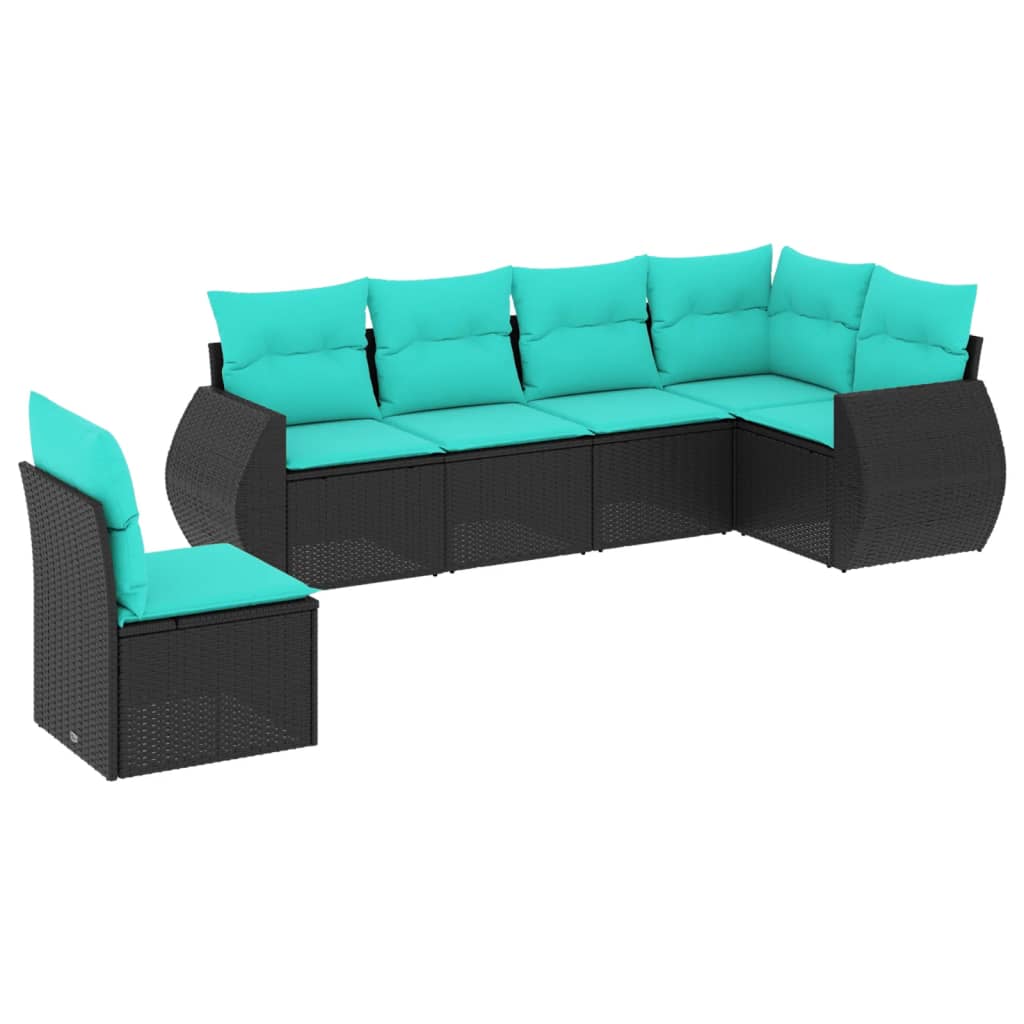 6-teiliges Gartensofa-Set mit Kissen, schwarzes Polyrattan