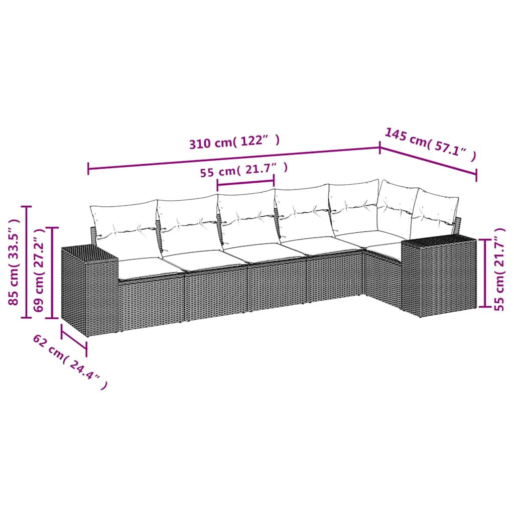 6-tlg. Garten-Sofagarnitur mit Kissen Hellgrau Poly Rattan