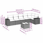 7-teiliges Gartensofa-Set mit Kissen, schwarzes Polyrattan